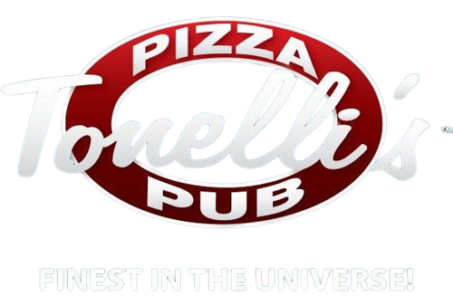 A pizza tonelli's pub logo with the words finest in the universe.